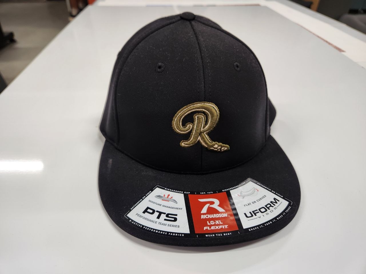 Black Richardson hat with gold embroidered script R
