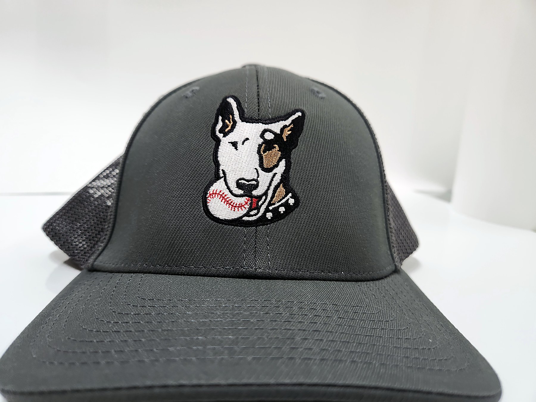 Custom embroidered bull terrier baseball logo cap by Out There Promos