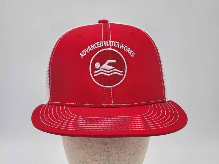 Red and white flat-bill trucker hat with embroidered Advanced Water Works swimmer logo by Out There Promos